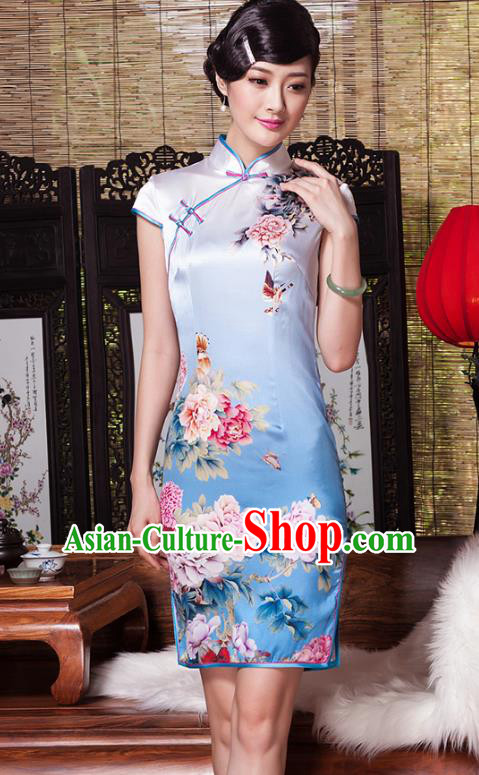 Traditional Ancient Chinese Young Lady Plated Buttons Painting Peony Blue Cheongsam, Asian Republic of China Silk Qipao Tang Suit Dress for Women