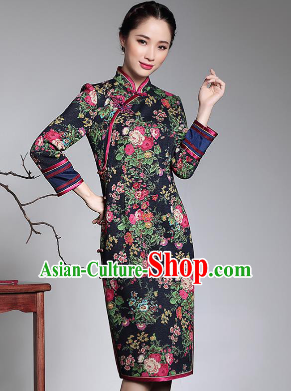 Traditional Ancient Chinese Young Lady Plated Buttons Printing Black Cheongsam, Asian Republic of China Qipao Tang Suit Dress for Women