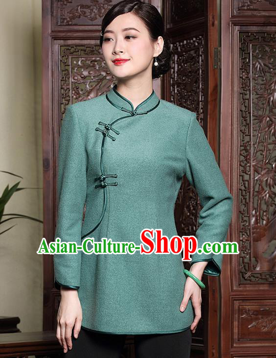 Traditional Ancient Chinese Young Lady Plated Buttons Green Cheongsam Blouse, Asian Republic of China Qipao Dress Tang Suit Shirts for Women
