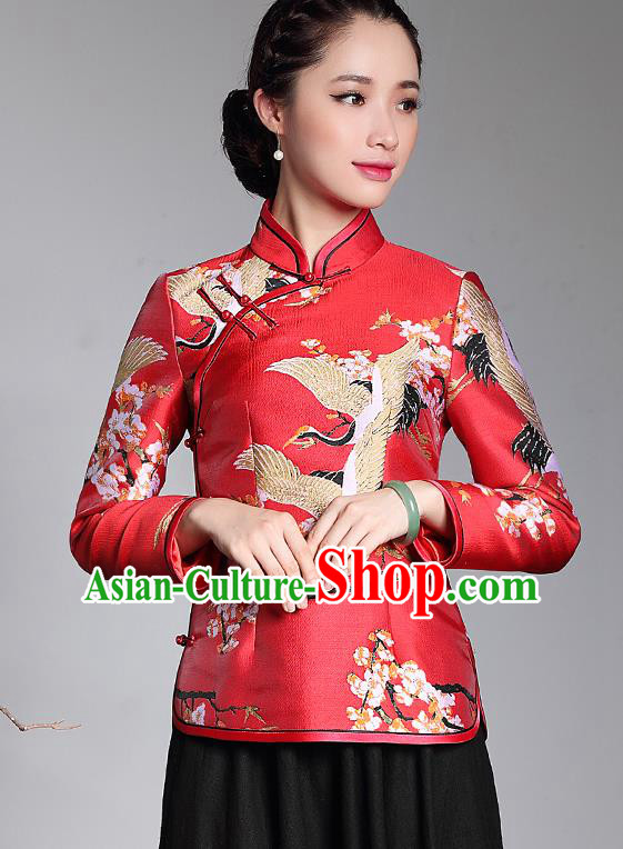 Traditional Ancient Chinese Young Lady Retro Red Brocade Cheongsam Blouse, Asian Republic of China Qipao Tang Suit  Upper Outer Garment for Women