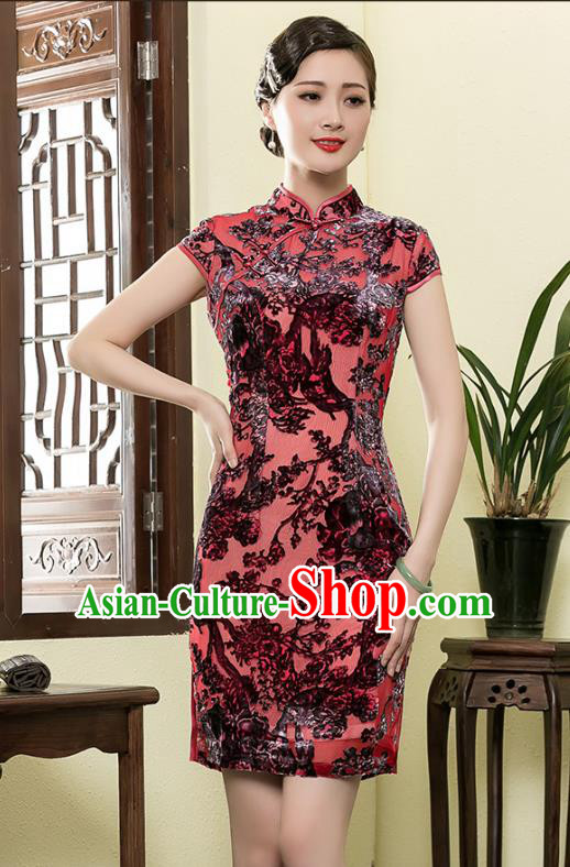 Traditional Ancient Chinese Young Lady Retro Red Velvet Cheongsam, Asian Republic of China Qipao Tang Suit Dress for Women