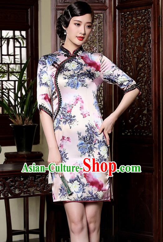 Traditional Ancient Chinese Young Lady Retro Printing Silk Cheongsam, Asian Republic of China Qipao Tang Suit Dress for Women