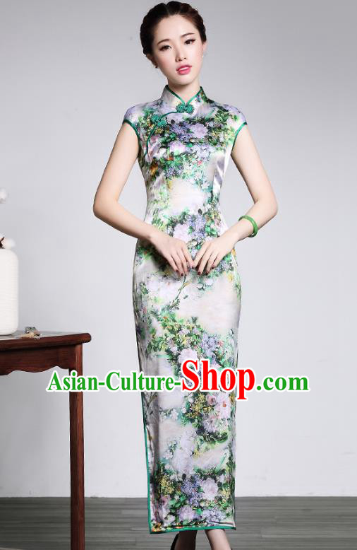 Traditional Ancient Chinese Young Lady Retro Printing Silk Long Cheongsam, Asian Republic of China Qipao Tang Suit  Dress for Women