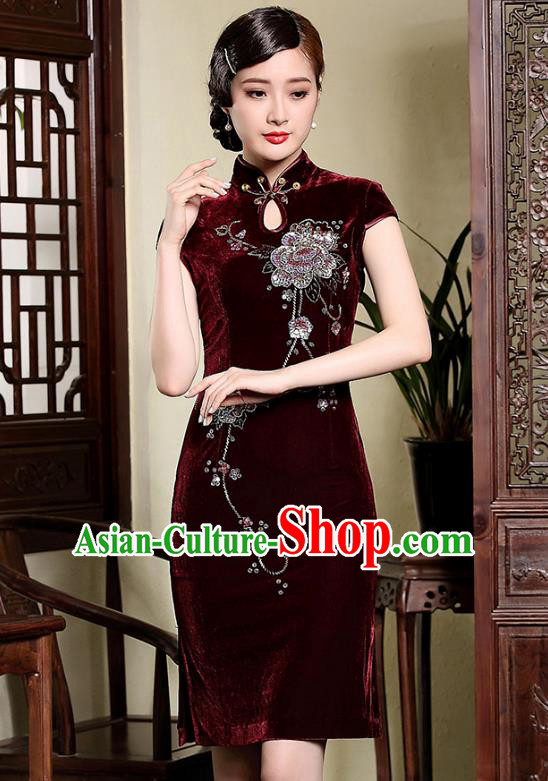 Traditional Ancient Chinese Young Lady Retro Cheongsam Wine Red Velvet Dress, Asian Republic of China Qipao Tang Suit Clothing for Women