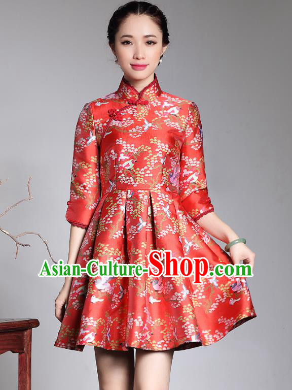 Traditional Ancient Chinese Young Lady Retro Red Brocade Cheongsam, Asian Republic of China Qipao Tang Suit Dress for Women