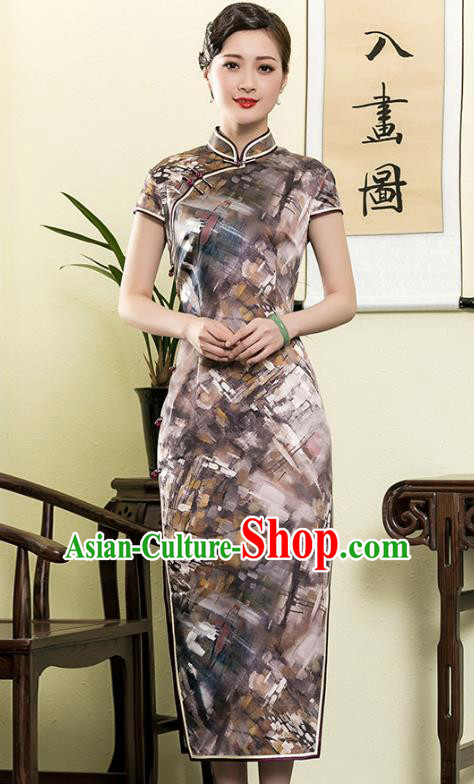 Traditional Ancient Chinese Young Lady Retro Printing Silk Cheongsam, Asian Republic of China Qipao Tang Suit Dress for Women