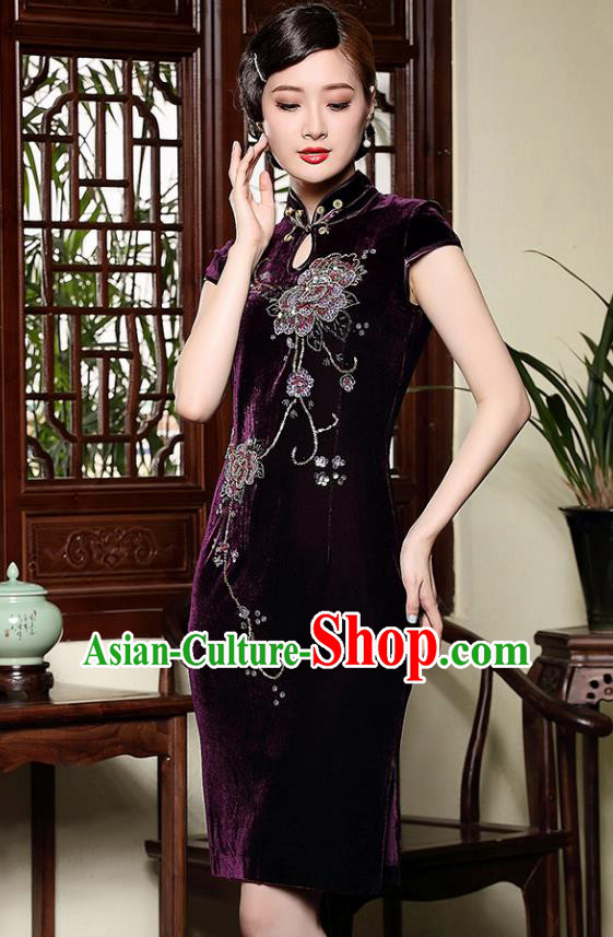 Traditional Ancient Chinese Young Lady Retro Cheongsam Purple Velvet Dress, Asian Republic of China Qipao Tang Suit Clothing for Women