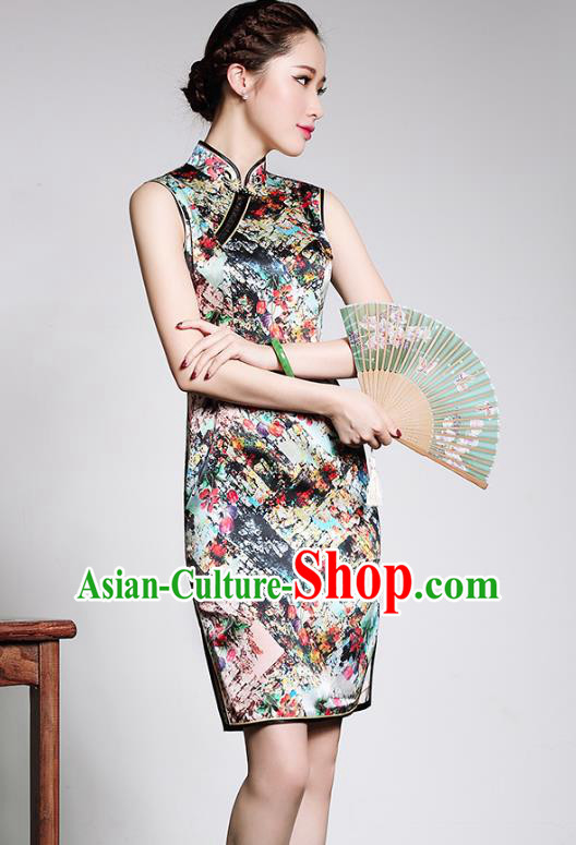 Traditional Ancient Chinese Young Lady Retro Stand Collar Printing Silk Cheongsam, Asian Republic of China Qipao Tang Suit Dress for Women