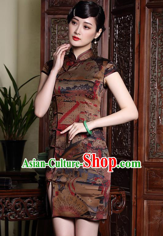 Asian Republic of China Top Grade Plated Buttons Watered Gauze Printing Cheongsam, Traditional Chinese Tang Suit Qipao Dress for Women