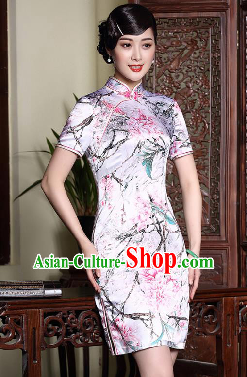 Traditional Ancient Chinese Young Lady Retro Stand Collar Printing Silk Short Cheongsam, Asian Republic of China Qipao Tang Suit Dress for Women