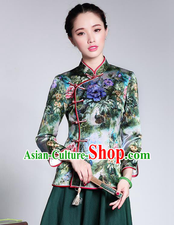 Traditional Ancient Chinese Young Lady Retro Stand Collar Printing Silk Short Cheongsam Blouse, Asian Republic of China Qipao Tang Suit Upper Outer Garment for Women