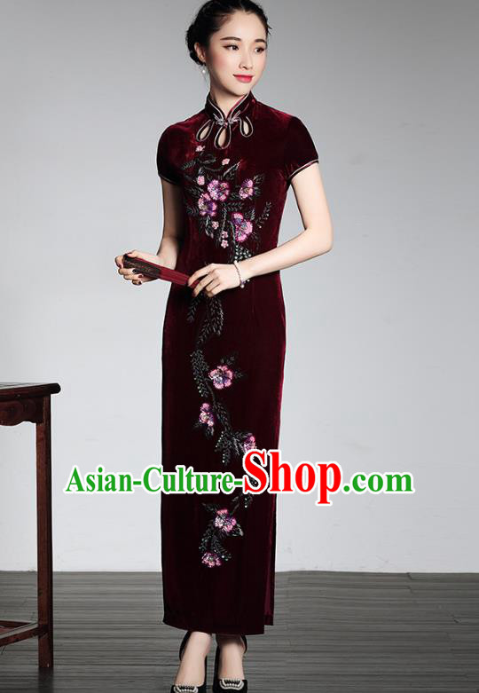 Top Grade Asian Republic of China Plated Buttons Wine Red Velvet Cheongsam, Traditional Chinese Tang Suit Qipao Dress for Women