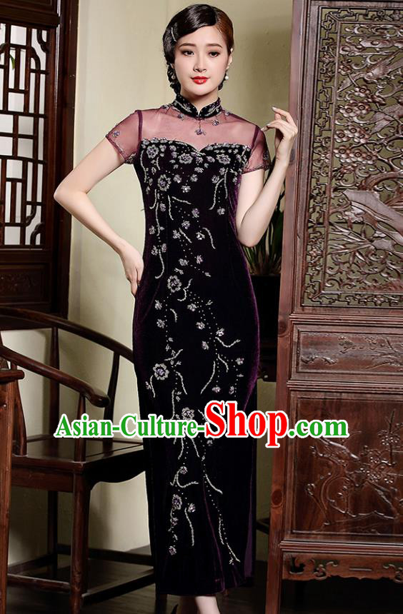 Traditional Ancient Chinese Young Lady Retro Stand Collar Purple Velvet Cheongsam, Asian Republic of China Qipao Tang Suit Dress for Women