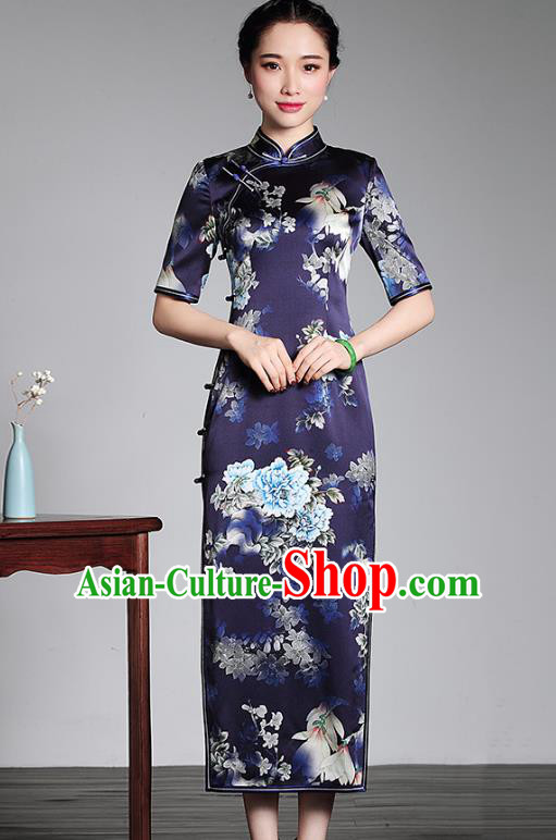 Top Grade Asian Republic of China Plated Buttons Silk Cheongsam, Traditional Chinese Tang Suit Printing Blue Qipao Dress for Women