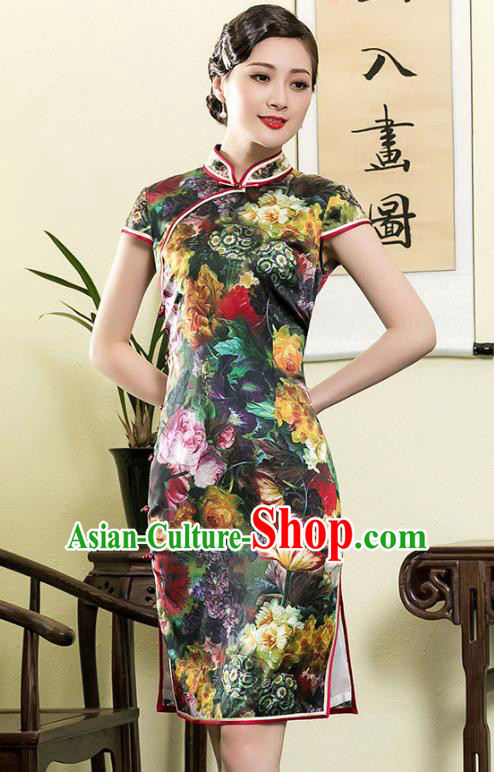 Asian Republic of China Top Grade Plated Buttons Cheongsam, Traditional Chinese Tang Suit Printing Silk Qipao Dress for Women