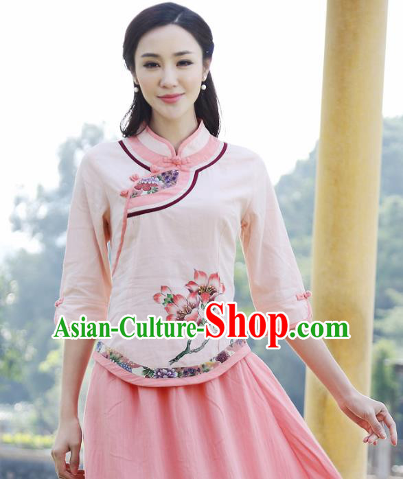 Asian China Hand Painting Pink Linen Cheongsam Blouse, Traditional Chinese Tang Suit Hanfu Shirts for Women