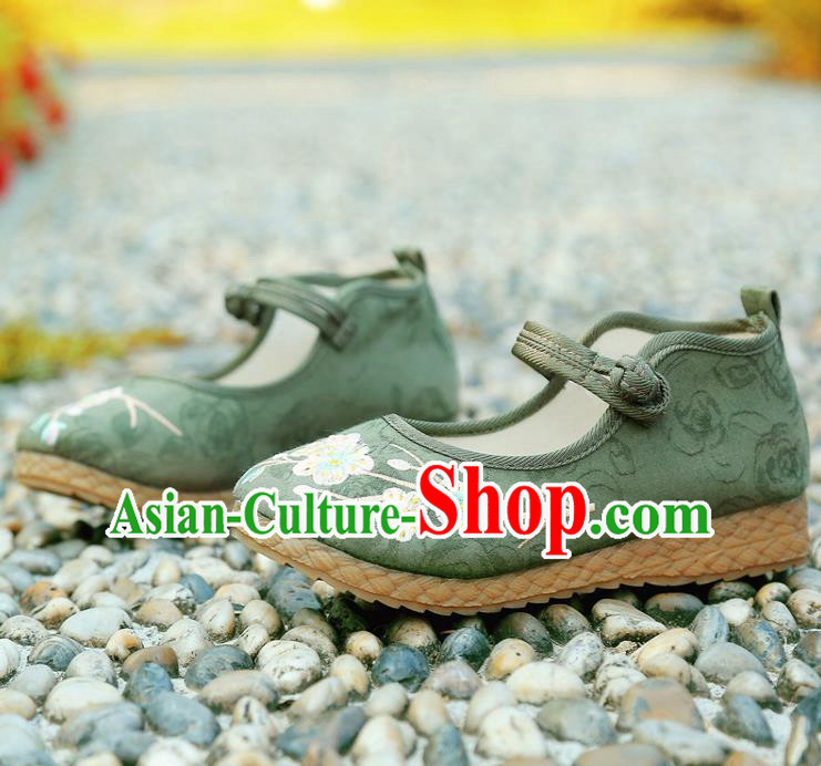 Traditional Chinese National Embroidered Shoes Green Linen Shoes, China Handmade Hanfu Embroidery Flowers Shoes for Kids