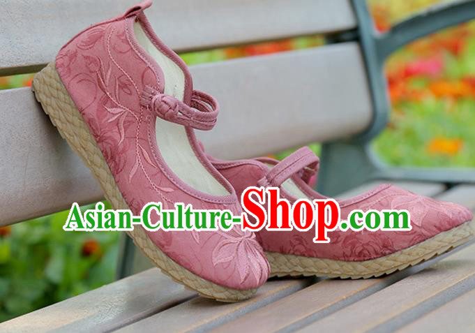 Traditional Chinese National Embroidered Shoes Pink Linen Shoes, China Handmade Hanfu Embroidery Lotus Flowers Shoes for Kids