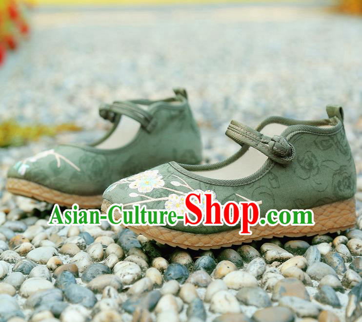 Traditional Chinese National Embroidered Shoes Green Linen Shoes, China Handmade Hanfu Embroidery Wintersweet Shoes for Kids