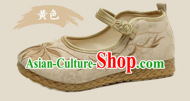 Traditional Chinese National Embroidered Shoes Beige Linen Shoes, China Handmade Hanfu Embroidery Lotus Shoes for Kids