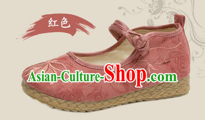 Traditional Chinese National Embroidered Shoes Red Linen Shoes, China Handmade Hanfu Embroidery Lotus Shoes for Kids