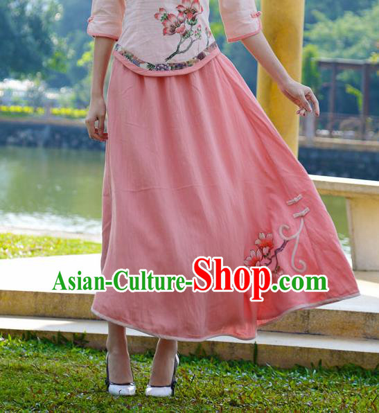 Asian China Hand Painting Pink Linen Bust Skirt, Traditional Chinese Tang Suit Skirts for Women