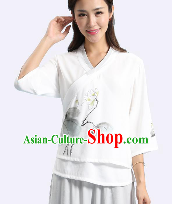 Asian China Hand Painting Printing Lotus Linen Cheongsam Blouse, Traditional Chinese Tang Suit Hanfu Shirts for Women