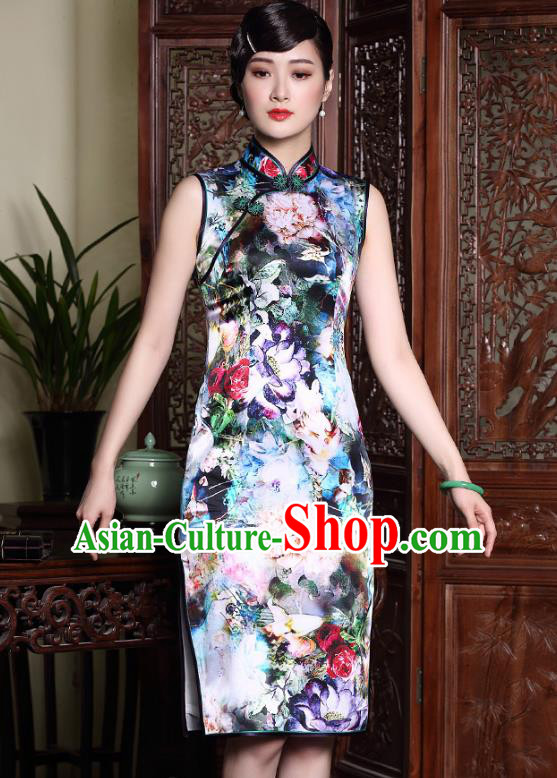 Asian Republic of China Top Grade Plated Buttons Cheongsam, Traditional Chinese Tang Suit Printing Silk Qipao Dress for Women