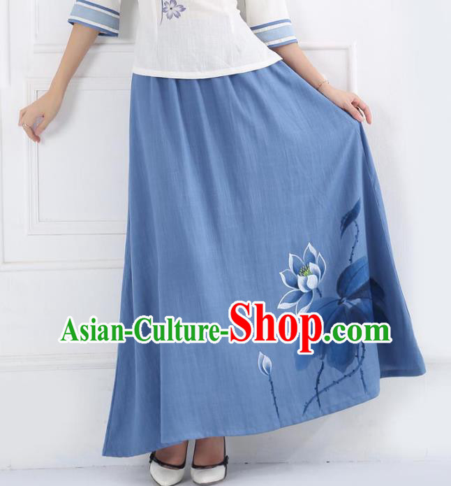 Asian China Hand Painting Lotus Blue Linen Bust Skirt, Traditional Chinese Tang Suit Skirts for Women