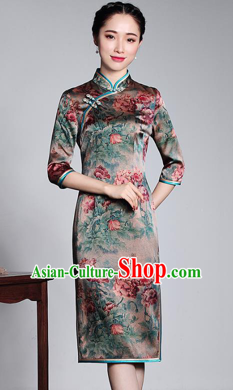 Top Grade Asian Republic of China Plated Buttons Cheongsam, Traditional Chinese Tang Suit Printing Silk Qipao Dress for Women