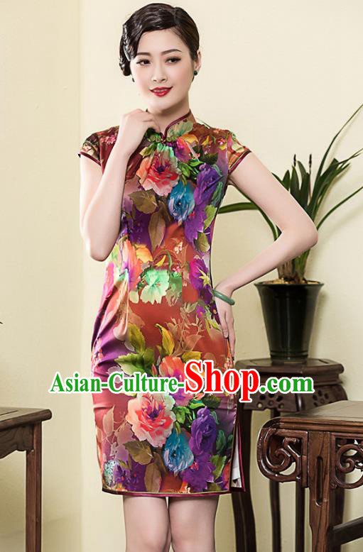 Traditional Ancient Chinese Young Lady Retro Stand Collar Cheongsam Printing Silk Dress, Asian Republic of China Qipao Tang Suit Clothing for Women