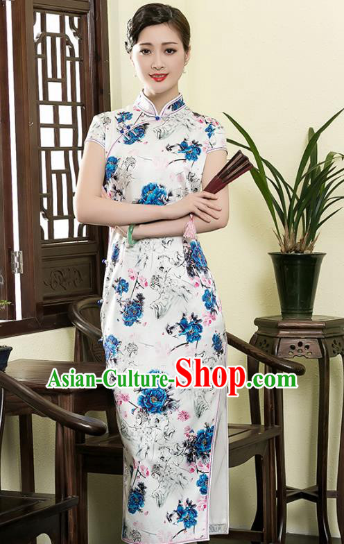 Traditional Ancient Chinese Young Lady Retro Stand Collar Cheongsam Printing Flowers Silk Dress, Asian Republic of China Qipao Tang Suit Clothing for Women