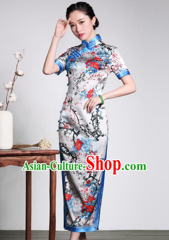 Traditional Ancient Chinese Young Lady Retro Stand Collar Printing Silk Cheongsam Dress, Asian Republic of China Qipao Tang Suit Clothing for Women