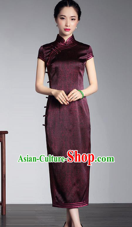 Traditional Ancient Chinese Young Lady Retro Stand Collar Purple Silk Cheongsam Dress, Asian Republic of China Qipao Tang Suit for Women