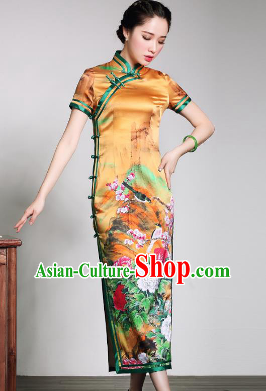 Asian Republic of China Young Lady Retro Stand Collar Printing Peony Yellow Silk Cheongsam, Traditional Chinese Qipao Tang Suit Dress for Women