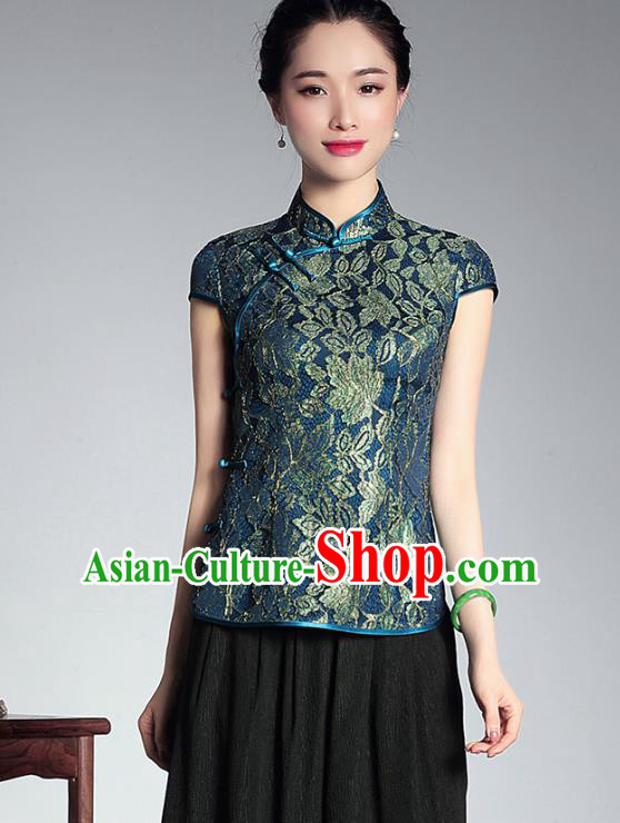 Asian Republic of China Young Lady Retro Stand Collar Green Lace Cheongsam Blouse, Traditional Chinese Qipao Shirts Tang Suit Upper Outer Garment for Women