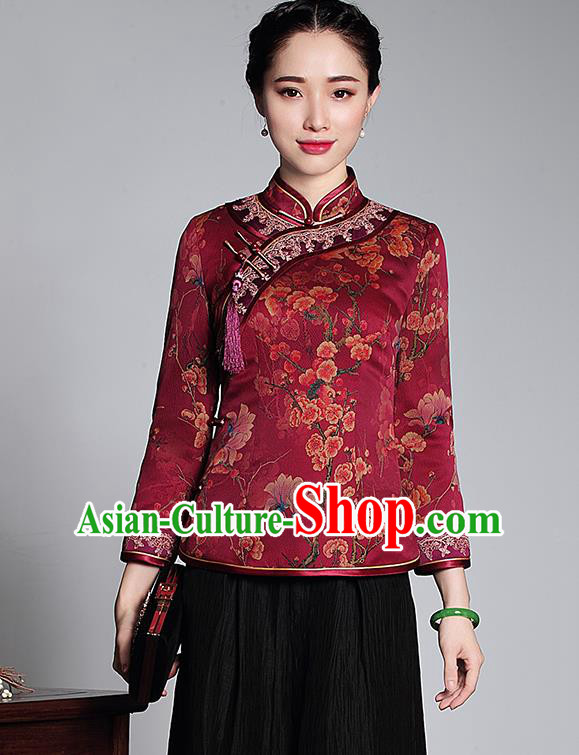 Asian Republic of China Young Lady Retro Stand Collar Watered Gauze Cheongsam Blouse, Traditional Chinese Qipao Shirts Tang Suit Upper Outer Garment for Women