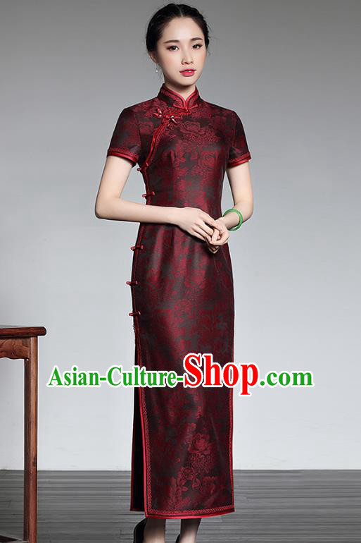 Asian Republic of China Young Lady Retro Stand Collar Satin Cheongsam, Traditional Chinese Embroidered Qipao Tang Suit Dress for Women