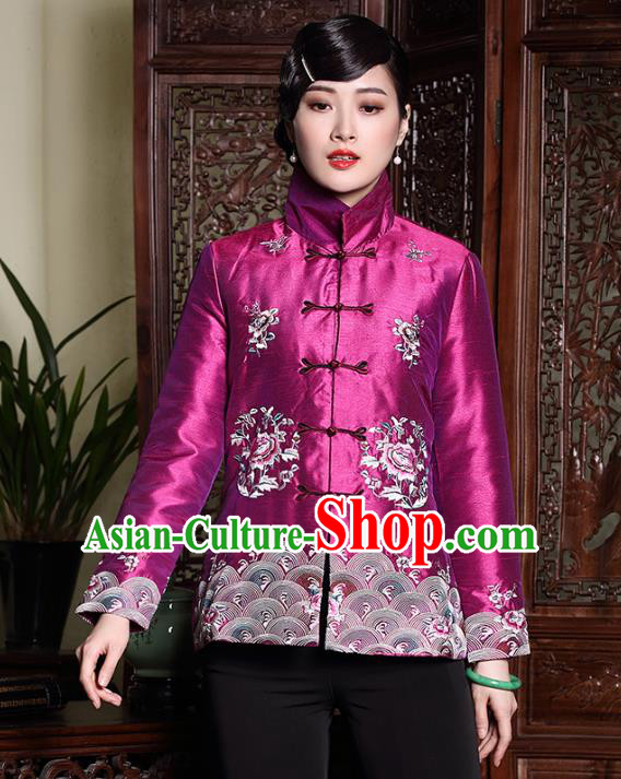 Asian Republic of China Young Lady Retro Stand Collar Embroidered Cotton-padded Jacket, Traditional Chinese Qipao Coats Tang Suit Upper Outer Garment for Women