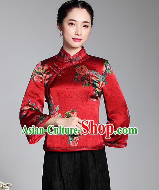 Asian Republic of China Young Lady Retro Stand Collar Printing Red Silk Cheongsam Blouse, Traditional Chinese Qipao Shirts Tang Suit Upper Outer Garment for Women