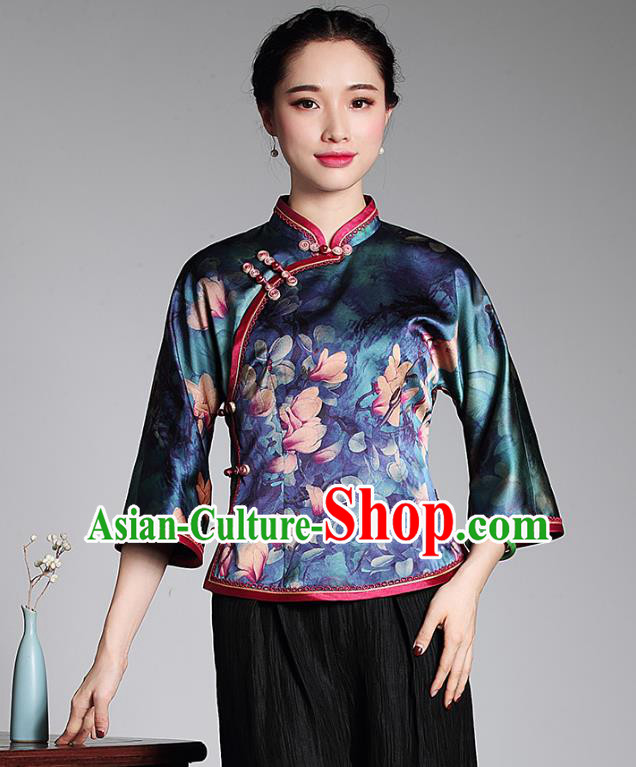 Asian Republic of China Young Lady Retro Plated Buttons Silk Embroidered Cheongsam Blouse, Traditional Chinese Qipao Shirts Tang Suit Upper Outer Garment for Women