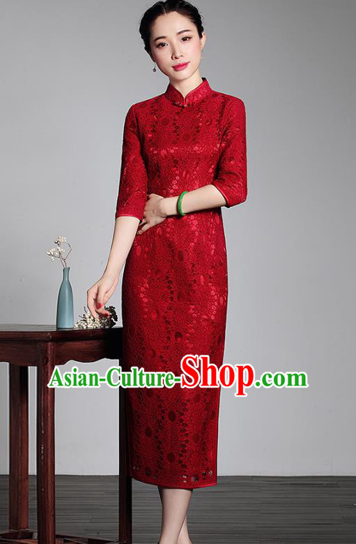 Asian Republic of China Young Lady Retro Plated Buttons Red Lace Cheongsam, Traditional Chinese Wedding Qipao Tang Suit Dress for Women