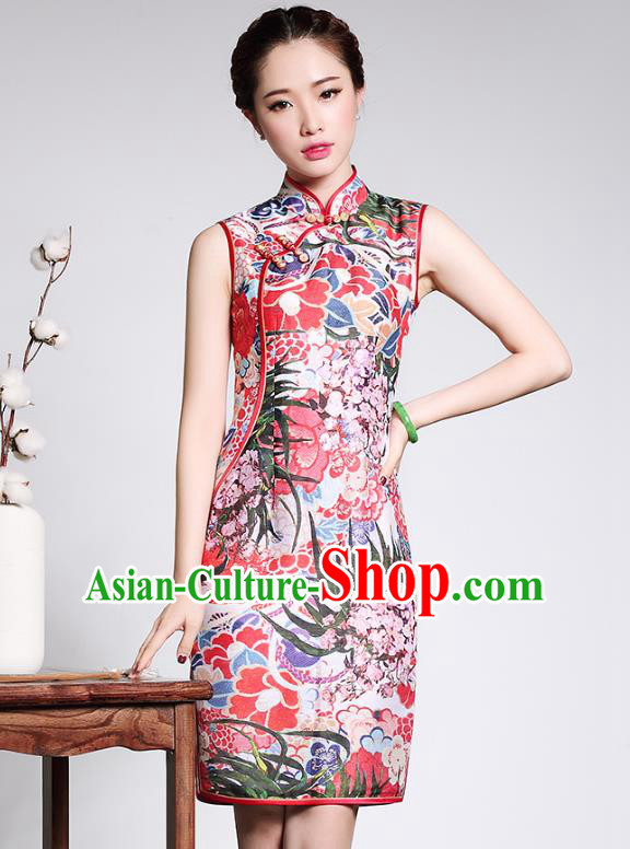 Asian Republic of China Young Lady Retro Plated Buttons Printing Red Cheongsam, Traditional Chinese Silk Qipao Tang Suit Dress for Women
