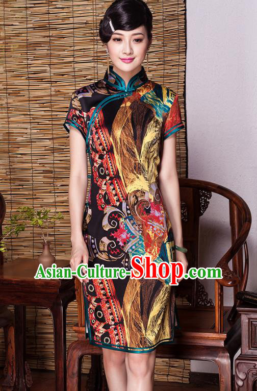 Asian Republic of China Young Lady Retro Plated Buttons Silk Cheongsam, Traditional Chinese Printing Qipao Tang Suit Dress for Women