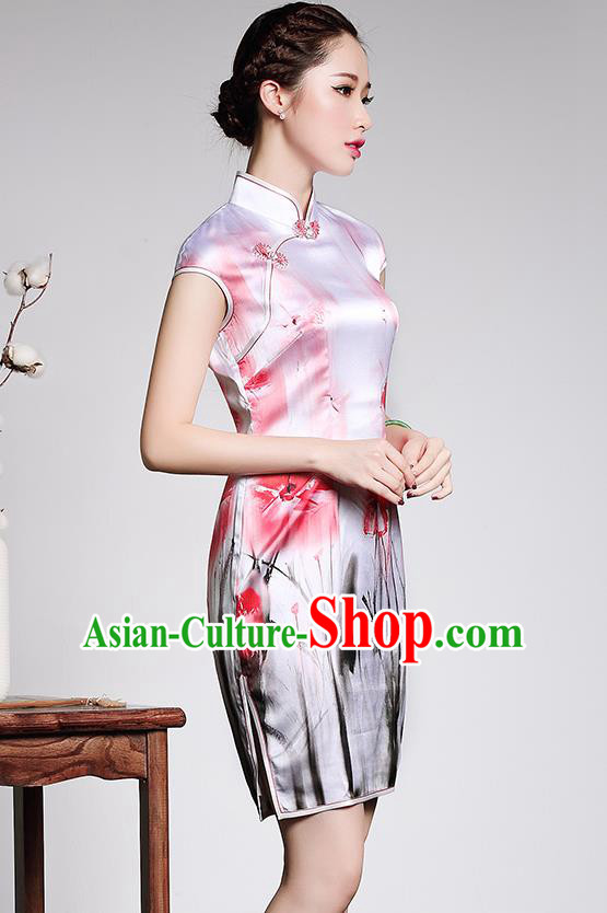 Asian Republic of China Young Lady Retro Plated Buttons Printing Cheongsam, Traditional Chinese Silk Qipao Tang Suit Dress for Women