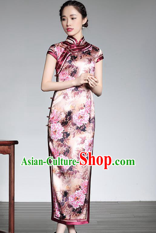 Asian Republic of China Young Lady Retro Plated Buttons Pink Cheongsam, Traditional Chinese Silk Qipao Tang Suit Dress for Women