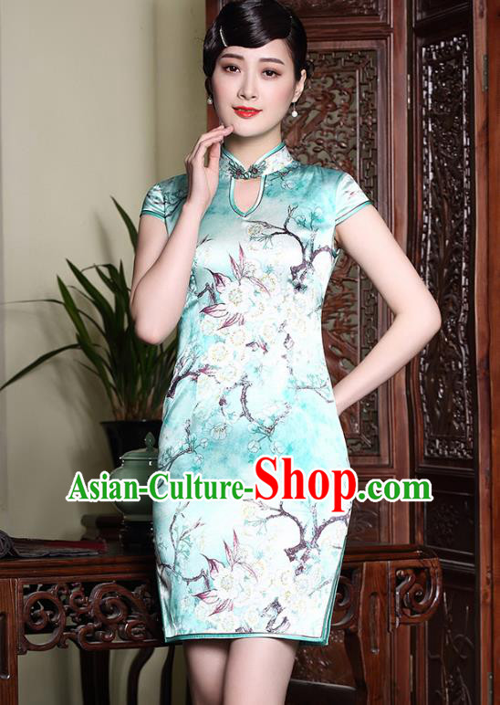 Asian Republic of China Young Lady Retro Plated Buttons Green Printing Silk Cheongsam, Traditional Chinese Wedding Qipao Tang Suit Dress for Women