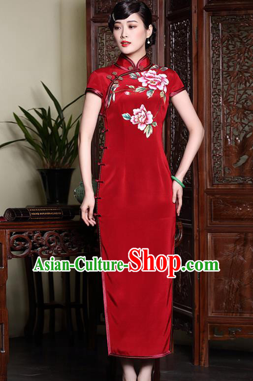 Asian Republic of China Top Grade Satin Plated Buttons Printing Peony Red Cheongsam, Traditional Chinese Tang Suit Qipao Dress for Women