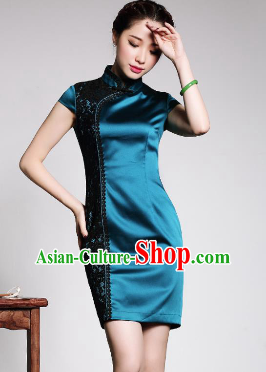 Asian Republic of China Top Grade Plated Buttons Lace Peacock Blue Silk Cheongsam, Traditional Chinese Tang Suit Qipao Dress for Women