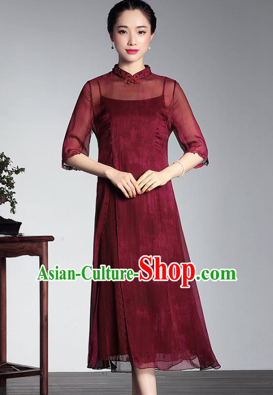 Asian Republic of China Top Grade Plated Buttons Dark Red Silk Cheongsam, Traditional Chinese Tang Suit Qipao Dress for Women